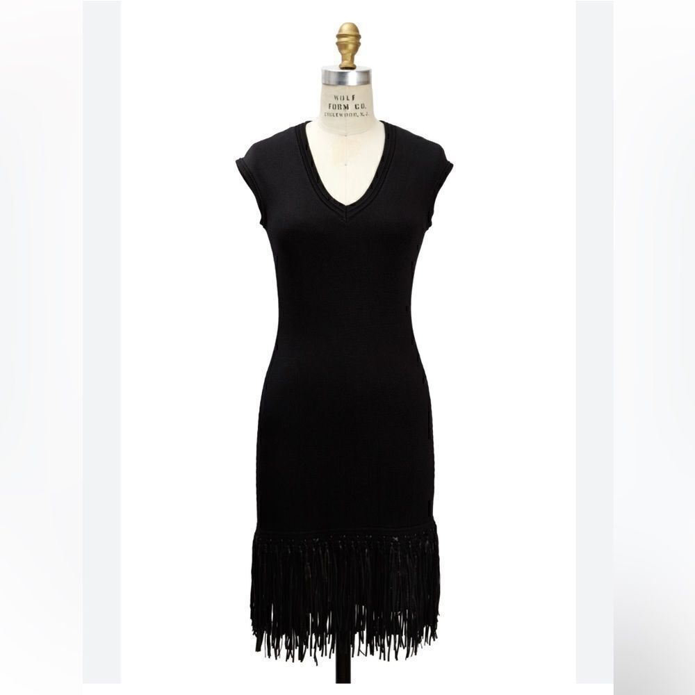 Ralph Lauren Black Lamb Leather-Fringe Silk Knit Sheath Dress - Picture 13 of 16